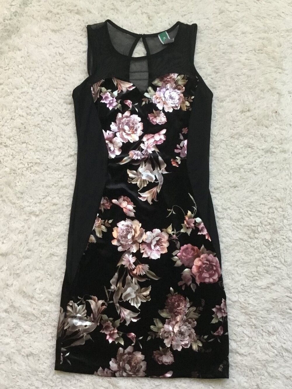 Casual Roses Printed Short Dress Pencil Illusion Shiny Sleeveless Cutout M
